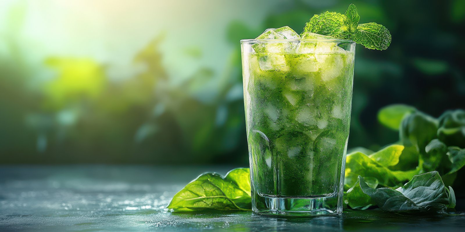 Refreshing green beverage with mint leaves served in a glass during a bright afternoon